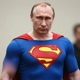 vladimir putin muscular steroids wearing superman costume, real still photograph close up looks at the camera