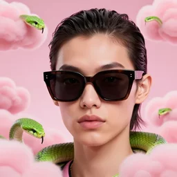 3 d close - up, fashion model in sunglasses, pink clouds background, green snakes, hyper detailed, photo realistic, vouge style photo, artwork by tooth wu and wlop and beeple and greg rutkowski