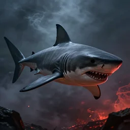 black mutant alien shark shark in the sky, smoke, hell, darkness, ultrarrealistic, trending in arstating, sharp, detailed, intricate, cinematic, 1 6 k