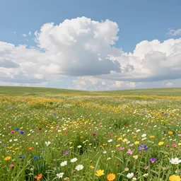 A beautiful field full of flowers and grass with billowing clouds in the distance, digital art, trending on artstation, 4k