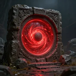 an ancient portal in the form of a carved stone foundation and a red luminous disk with a swirling effect on it., hyper - detailed, artstation, cgsociety, 8 k