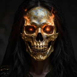 dark art portrait of a woman with a skull mask on her face, gold, eyes, fire, dark souls