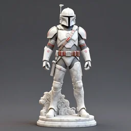 mandalorian overwatch style statue made of white marble standing, 3 d render, octane render, unreal engine, overwatch, detailed, dynamic light, beautiful, rococo, accents of red
