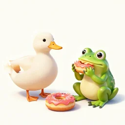 a duck sitting next to a frog eating. They are eating donuts in a car. cartoon, artstation, cgsociety, realistic