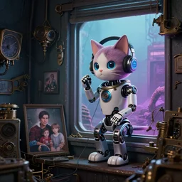 robotic cat listening to music at a window in her room, family photo, apocalyptic setting, fallout 5, steampunk, deep colors, studio lighting, cyberpunk