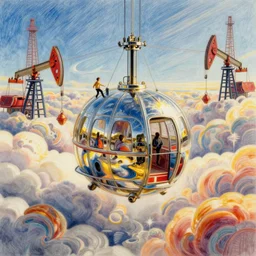 an inflated stainless steel chrome gondola in the clouds, people are hanging by steel cables. Oil rigs in the sky. Intricate technical drawing. Colored pencil. Mammatus clouds. Ornate, brilliant, utopian, detailed, Golden ratio, solarpunk solarpunk solarpunk