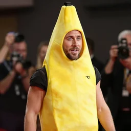 ryan gosling inside a banana costume, highly detailed, extremely high quality, hd, 4 k, 8 k, professional photographer, 4 0 mp, lifelike, top - rated, award winning, realistic, detailed lighting, detailed shadows, sharp, no blur, edited, corrected, trending