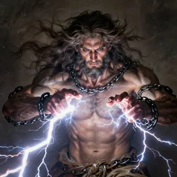 briareus shooting lightning from hands, windy, chains broken on hands, dramatic, stoic, modern, is ( ( with arms half lifted toward us ) ). light dust, close up shot, magnificent, hyperdetailed, theatrical, masterpiece, from below, 3 0 mm lens, painted by jean honore fragonard and greg rutkowski