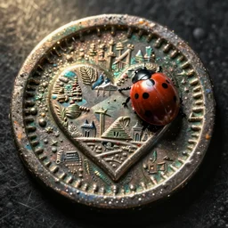 ancient coin texture with heart shape and ladybug