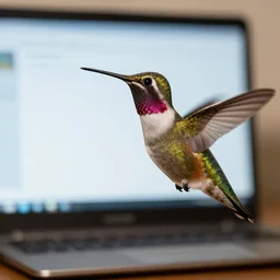 Hummingbird looking at a computer screen