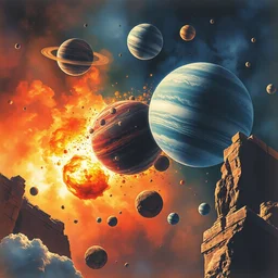 in the style of marc simonetti, watercolor, planets exploding : : colliding in space, realistic brutal hateful awe shock terror