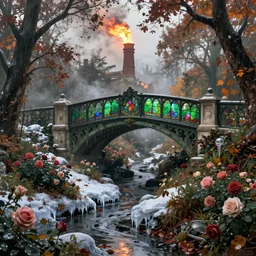 autumn in post - apocalyptic london, ornate, beautiful, atmosphere, vibe, mist, smoke, fire, chimney, rain, wet, pristine, puddles, melting, dripping, snow, creek, lush, ice, bridge, green, stained glass, forest, roses, flowers, by stanley artgerm lau, greg rutkowski, thomas kindkade, alphonse mucha, loish, norman rockwell