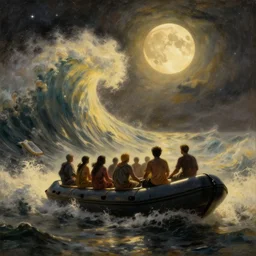 illegal immigrant group in inflatable boat sea big storm, moon, lovecraftian, light, huge waves, starry night, by rembrandt and greg rutkowski, painting, volumetric light, warm color palette, uplight, illegal immigration, boat people
