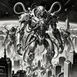cyborg monsters with tentacles and wires in detailed huge cybernetic mega city in space, black and white, by nihei tsutomu