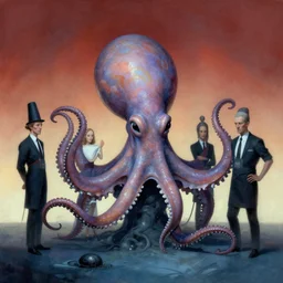 kfc ran by octopi, otherworldly employees, by zdzislaw beksinski, by dariusz zawadzki, by john jude palencar, gothic, surrealism, cold hue's, warm tone gradient background, concept art, beautiful composition