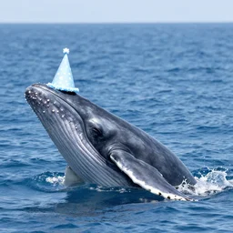 photo of a whale in the ocean wearing a party hat