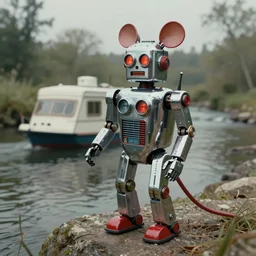 adventurer ( ( ( ( ( 1 9 5 0 s retro future robot android mouse l house boat rv tug boat calm stream. muted colors. ) ) ) ) ) by jean baptiste monge!!!!!!!!!!!!!!!!!!!!!!!!! chrome red
