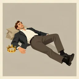 earth tone neutral palette, by anton fadeev darwyn cooke beautiful graphic full body portrait, a man laying on the ground, a crown beside him, propaganda poster art 1 9 7 0 s illustrated advertising art, painterly character design limited palette