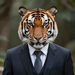 high quality portrait photo of a tiger dressed in a dark business suit and tie, Anthropomorphic, photography 4k, f1.8 bokeh, 4k, 85mm lens, sharp eyes
