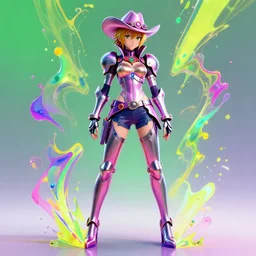 full body disintigrating synthwave cowgirl, character is aigis from persona 3 by yoji shinkawa, bright colors, illusion, metallic, armor, stunning, breathtaking, digital render, line art, lunar cyberpunkcity backdrop, de - noise, 8 k, volumetric lighting, detailed contrast, scattered mist, glow, rim light by greg rutkowski