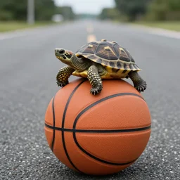 a tortoise on top of a basketball on the road, close up