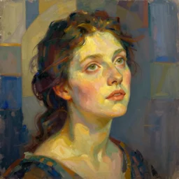digital painting of a rembrandt - inspired portrait of a woman set against a fauvist background. the woman's face is illuminated by a warm, golden light, and her gaze is directed upward, as if she is lost in thought. the background is composed of geometric shapes and clean lines, creating a contrast with the woman's more organic features. the overall effect is one of harmony