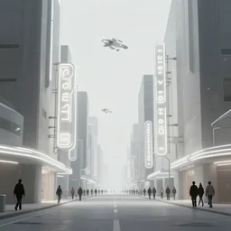 photorealistic streetscape, simple brutalist architecture, white neon lights, neon signs, flying vehicles, pedestrians, greg rutkowski, syd mead, ralph mcquarrie, concept art, matte painting, finely detailed, minimal artifacts, rule of thirds, dynamic lighting, cinematic, denoised, centered, artstation