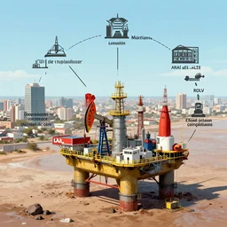 a dirty diagram about the ambitions and selfishness of the corporations, installing an oil platform in the city of mar del plata, destroying the ecosystem, with lines interconnecting situations, clean design,, by norman rockwell, alfonse mucha, award winning photo, iridescence, octane render, panavision millennium dxl 2,
