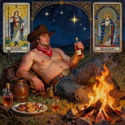 a dramatic, epic, ethereal painting of a handsome thicc mischievous shirtless cowboy with a beer belly wearing a large belt and bandana holding a whiskey bottle | he is laying by a campfire | background is a late night with food and jugs of whisky | homoerotic | stars, tarot card, art deco, art nouveau, mosaic, intricate | by Mark Maggiori | trending on artstation