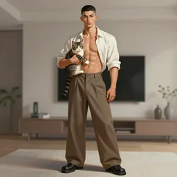 full body portrait of a single beautiful young fit man, modern haircut, open shirt, large pants, holding a cat. by greg rutkowski and alphonse mucha, d & d character, in front of a modern room background, highly detailed portrait, digital painting, artstation, concept art, smooth, sharp focus ilustration, artstation hq