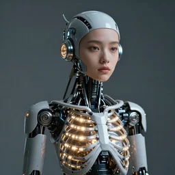 beautiful Fine art photography of a solarpunk half robot half human girl with real human face, led lights over rib cage, highly detailed, photorealism, cinematic lighting 8k