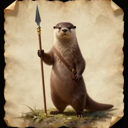 a heroic otter scout with spear on a parchment background, redwall, greg rutowski and jean baptiste monge, detailed, epic fantasy concept art