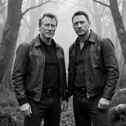 medium long shot, 3 / 4 shot, of clint eastwood and tom hardy posing, detalied, highly rendered, black and white, sharp, dreamy, misty woods, epic