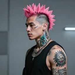 futuristic gang member, pink mohawk, digital tattoos, comic book style