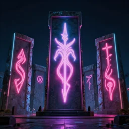 druid cyberpunk, druid monuments, druid symbols, druid architecture, druid stonehenge, neon billboards, neon lights, photorealistic, vfx, elegant, ultra sharp lines, 4 k, unreal engine 5, octane render, extreme contrast