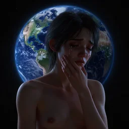 dark portrait of the world as a human, sad on space, crying, au naturel, hyper detailed, digital art, trending in artstation, cinematic lighting, studio quality, smooth render, unreal engine 5 rendered, octane rendered, art style by pixar cuphead disney riot games and rockstar games.