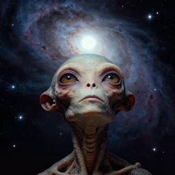 close - up portrait of an alien looking up towards the sky, wondering about other intelligence, stars and bright nebula, chesley bonestell, lucien rudaux, rolf klep