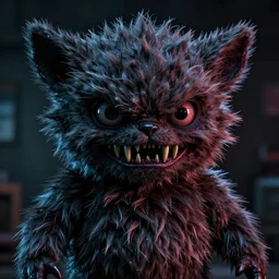 demonic, cinematic photo of a very evil looking furby, detailed fur, scary, 1997, creepy animatronic toy, very sharp needle like teeth, iconic toy from 90's, horror, evil eyes, snake eyes, creepy expression