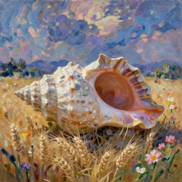 big ancient stoned seashell on wheat field and flowers in style of claude monet