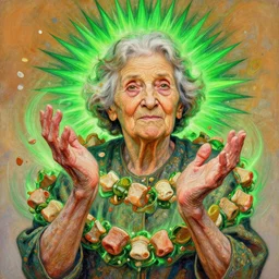 portrait of old women, a garland made of human thumbs, green spike aura in motion, floating pieces, painted art by tsuyoshi nagano, greg rutkowski, artgerm, alphonse mucha, spike painting