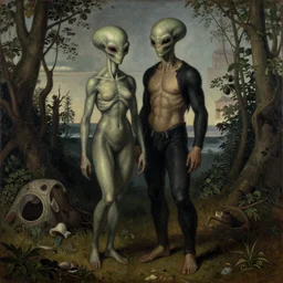 alien man with alien woman, full body, portraiture, painted by Beksiński, 4k, intricate details, unreal engine
