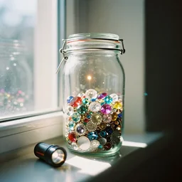kodak portra 4 0 0, flashlight, award - winning vivid portrait by britt marling of a jar is filled with tons of sparkling jewels, near a sunlit window in a room, bright sunlight, colourful godrays shinging through the jar, no people
