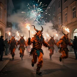 kodak portra 4 0 0, 5 0 0 mm tele lens, f 1. 2, long exposure time, award winning dynamic vivid atmospheric photograph of running hazardous horde krampus, by robert capas, in muted colours, striped orange and teal, motion blur, on a street in salzburg at night with colourful exploding pyro fire and torches, fireworks, fog, narrow shot