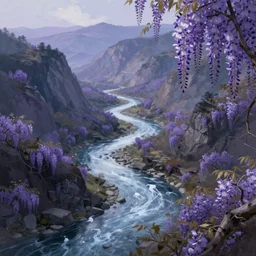 digital painting of a lush sinuous river valley by artgerm. purple river. cold icy day. chiho aoshima. wisteria. digital render. detailed. beautiful landscape.