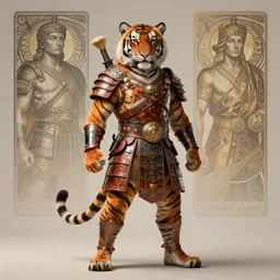 full body portrait of bengal tiger as warrior caste, masculine and ferocious, leather armor by artgerm, cushart krenz, greg rutkowski, mucha. art nouveau. gloomhaven, tiger fur body, vibrant colors, sharp edges. ultra clear detailed. 8 k. elegant, intricate, octane render