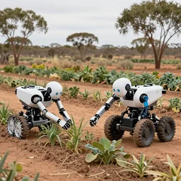 robots harvesting a permaculture food forest in the australian desert, XF IQ4, 150MP, 50mm, F1.4, ISO 200, 1/160s, natural light