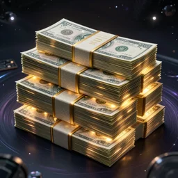 Stacks of glowing money in cyberspace, digital illustration by Adam S Doyle