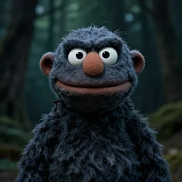 photorealistic portrait of dark angry muppet, dark forest background,