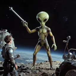 an alien battle in space using weapons from the 1 9 2 0's, canon 5 0 mm, cinematic lighting, photography, retro, film, kodachrome