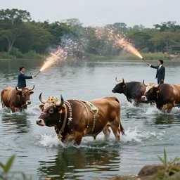 had a wild dream, was looking after 4 or 5 bulls. they were super cool with me. one of them went for a swim in the lake, and it was wearing adornments, whole thing was dressed up with a crown and everything. rhen someone on the other end of the lake wearing a suit started shooting flares at it trying to cause them to make a stampede to mess us up, but we just chilled out the bulls and everything was fine.